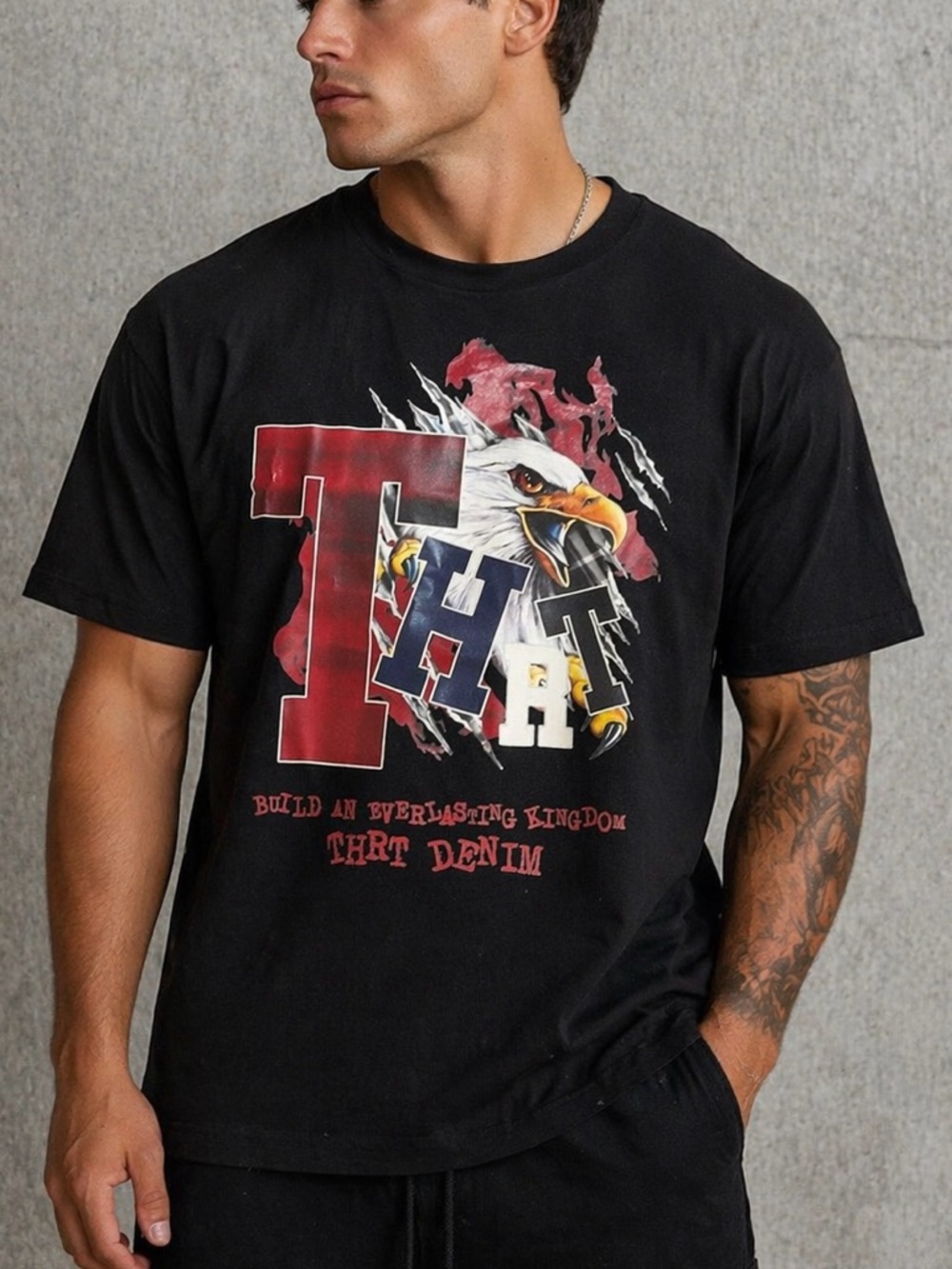 THRT Denim Graphic T-Shirt Men’s size Small Black Eagle Logo‎ Streetwear Tee